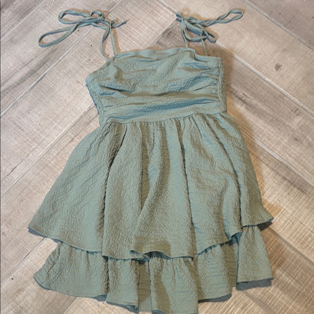 Girls Sage Green Tiered Tie-Shoulder Dress